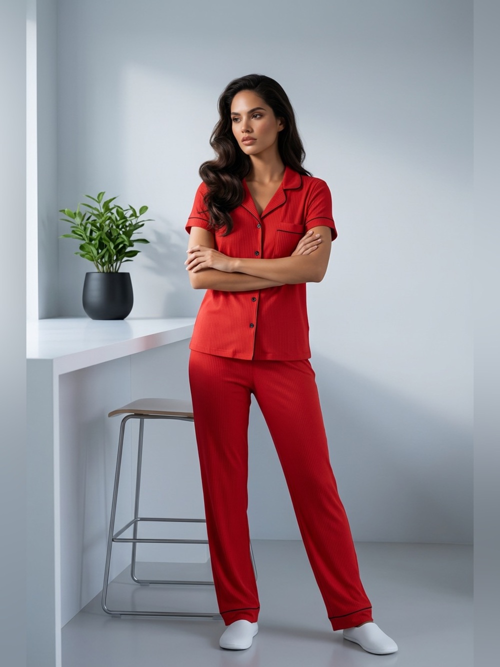 just be Red Ribbed Notch Collar Button Sleep Set